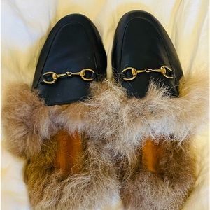 Authentic  Black Gucci Princetown Fur Mule, Size 35